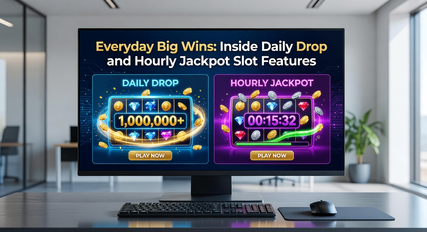 Bunte Slot-Maschine mit leuchtenden Jackpot-Anzeigen und fallenden Münzen, die tägliche Gewinne symbolisieren