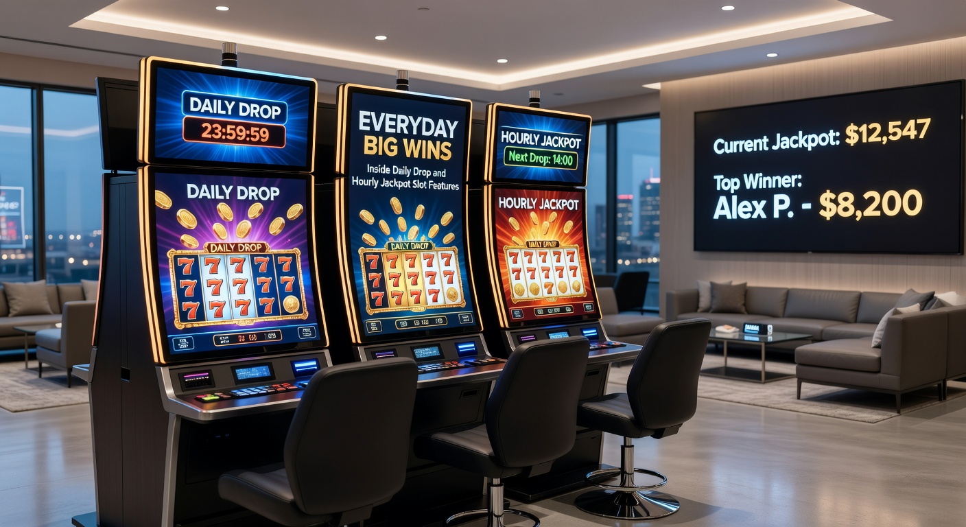 Dynamische Grafik einer Slot-Anzeige mit stündlichem Jackpot-Timer, der runterzählt, umgeben von Gewinn-Symbolen und Münzen